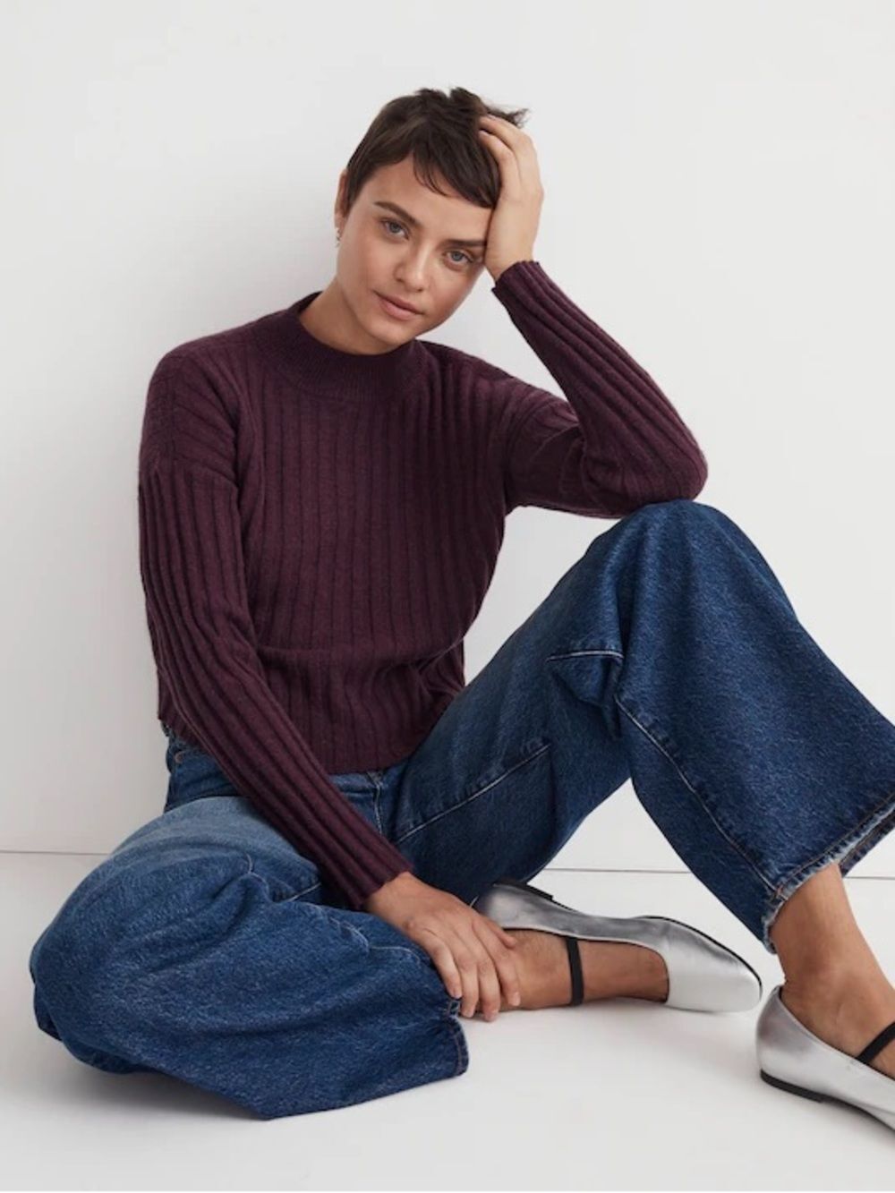 Madewell Wool Blend Ribbed Crewneck Sweater Sz L Burgundy Plum Preppy Minimal